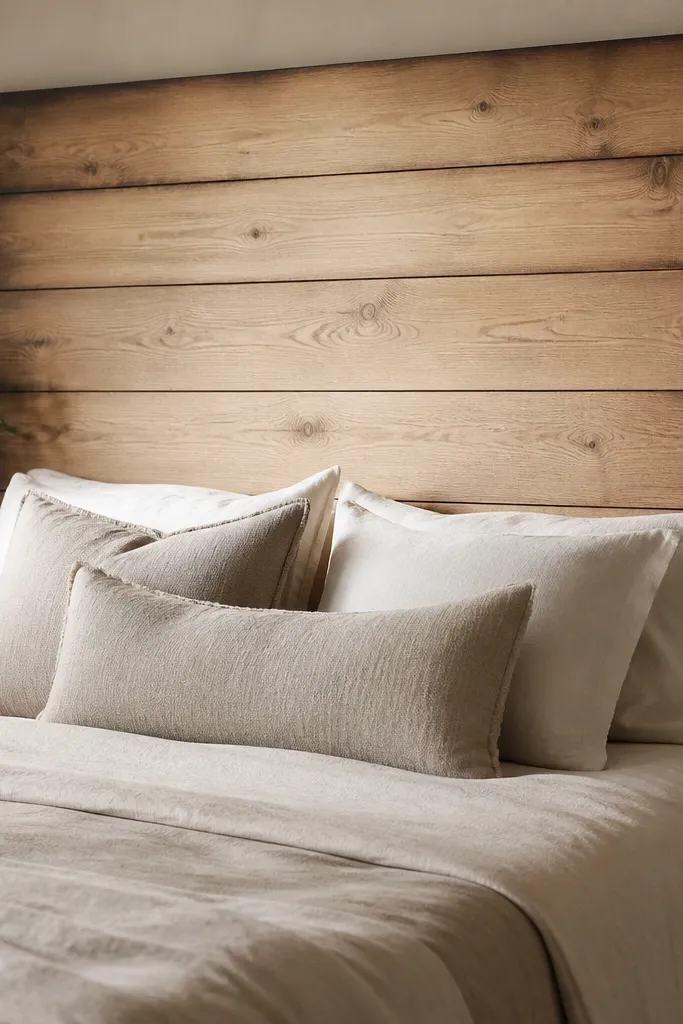 A headboard made from wide oak-colored boards with slightly burned edges along each board seam. The center looks lighter, while the outer edges have a darker, char-kissed outline. The finish is matte.