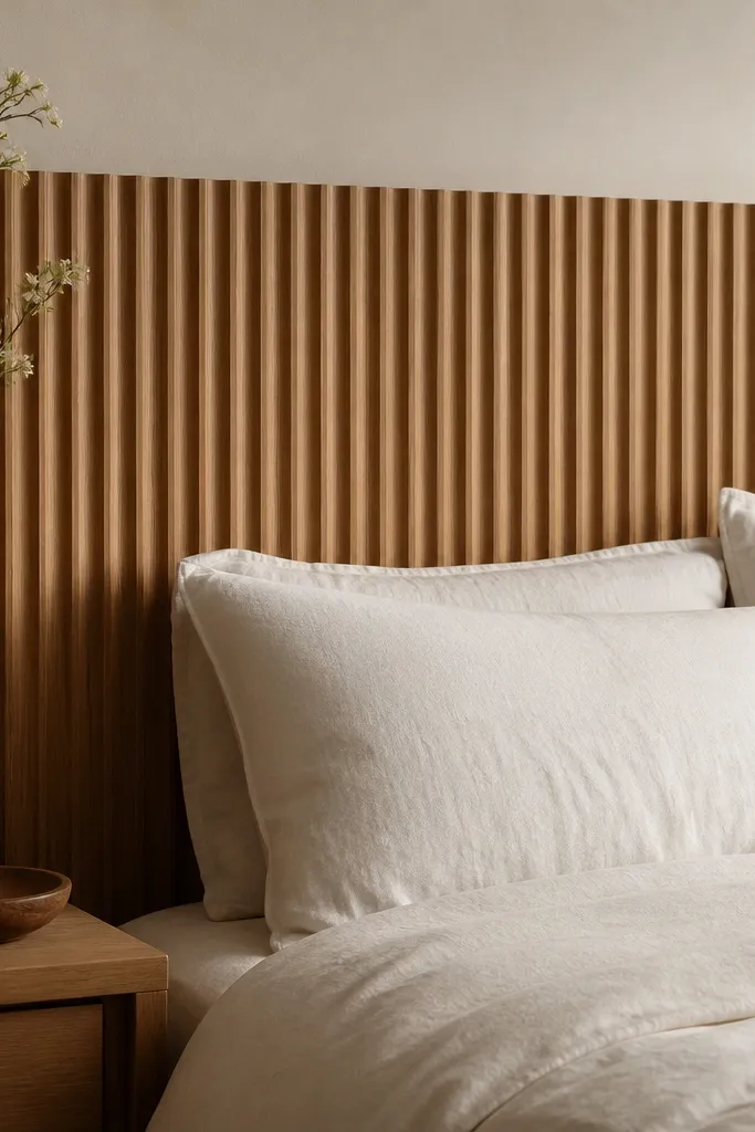 A headboard with evenly spaced reeded grooves, like a fluted column pattern. The wood is a warm natural tone with a clear matte finish. The grooves run vertically across the whole surface.