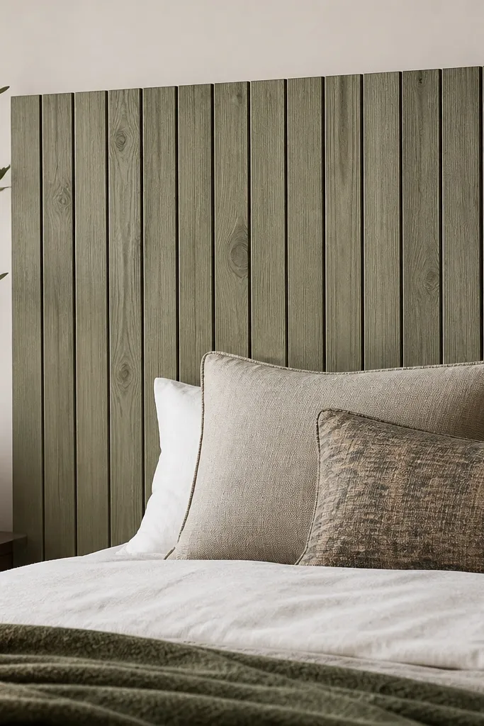 A headboard made from narrow cedar slats, with a subtle green tint in the clear coat. The slats are vertical and the wood grain is visible. The finish looks matte with a faint green cast.