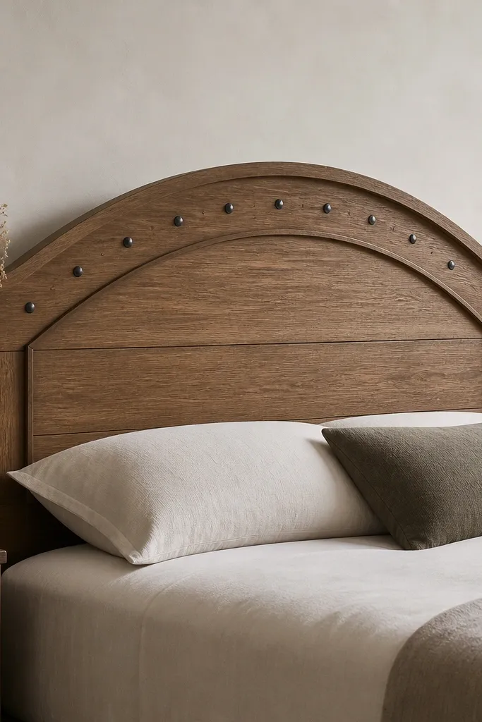 A headboard with an arched top silhouette, made from layered wood panels. There are small wrought iron pins or nails arranged along the arch. The stain is medium brown and the finish is matte.