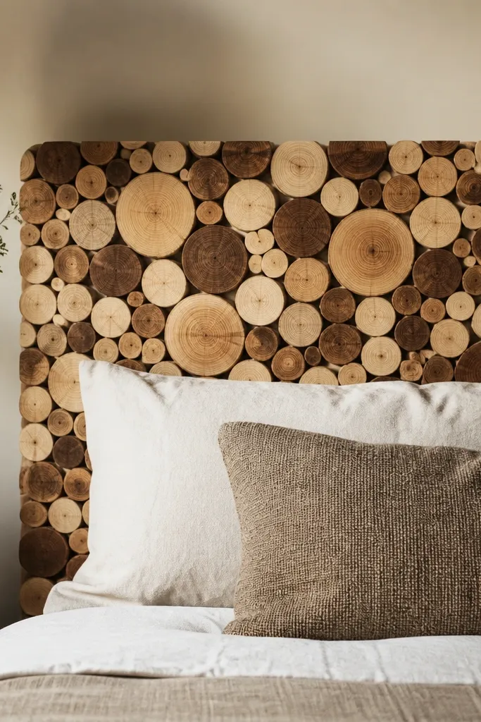 A headboard face covered with small round wood slices arranged like a mosaic. The slices vary in color, with some walnut-dark pieces and some pale pine. The surface is sealed and smooth.
