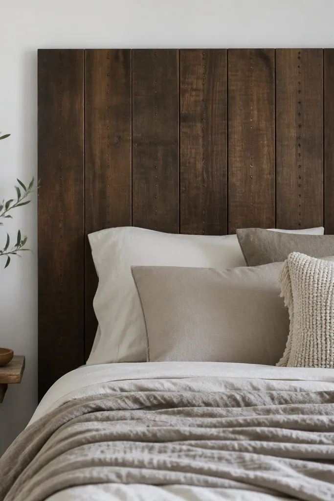 A pallet board headboard with vertical boards running across the width. There are neat lines of small nails hammered down the center of each board stripe, creating a pattern. The wood is stained dark brown and finished matte.