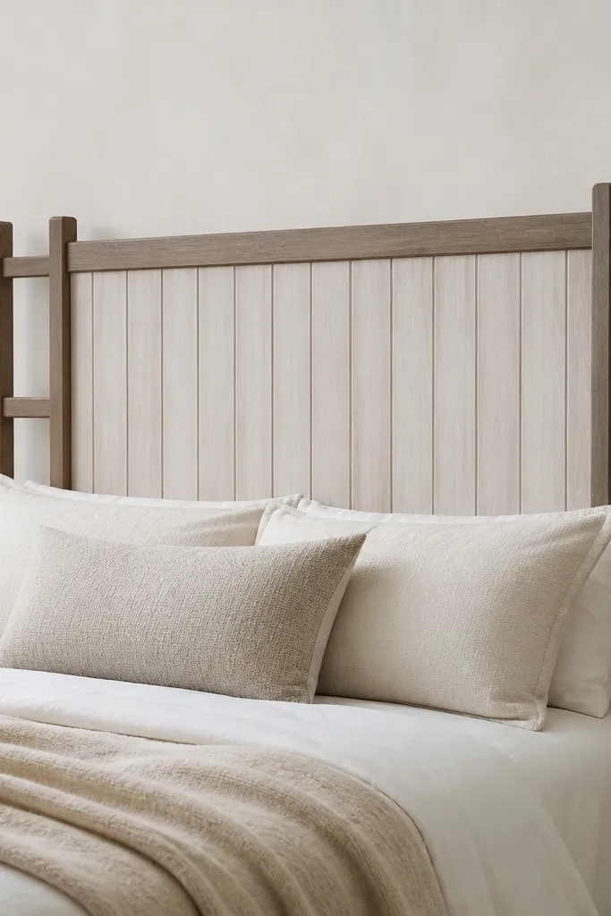 A headboard with a ladder frame and vertical slats. The center slat area looks whitewashed and lighter, while the side rails are darker. The finish is matte and the grain still shows.
