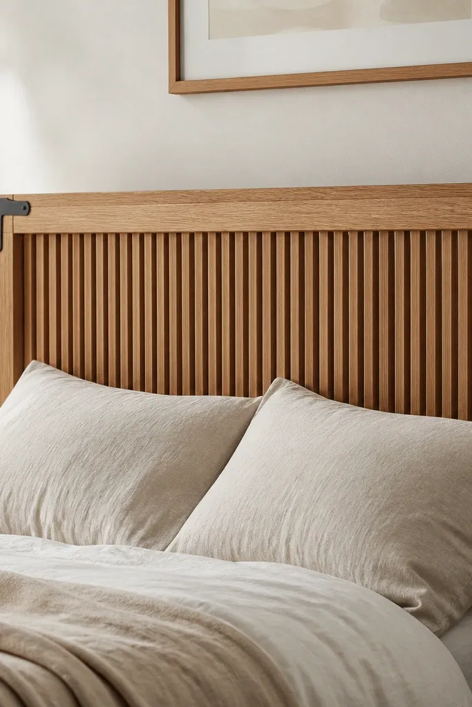 A headboard with a simple rectangular wood frame, but the corners show exposed joinery and black corner brackets. The wood is natural oak with a clear matte finish. The center is filled with vertical slats.