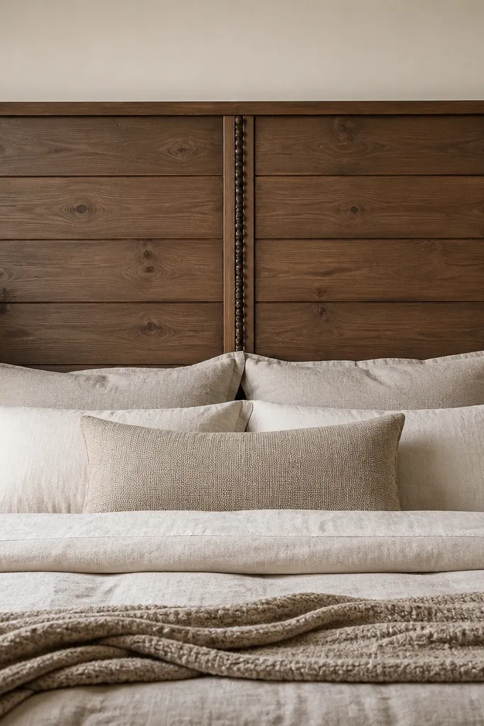 A headboard made from wide horizontal planks across the width. In the center, there's a vertical beaded strip that runs top to bottom. The wood is stained medium brown with a matte finish.