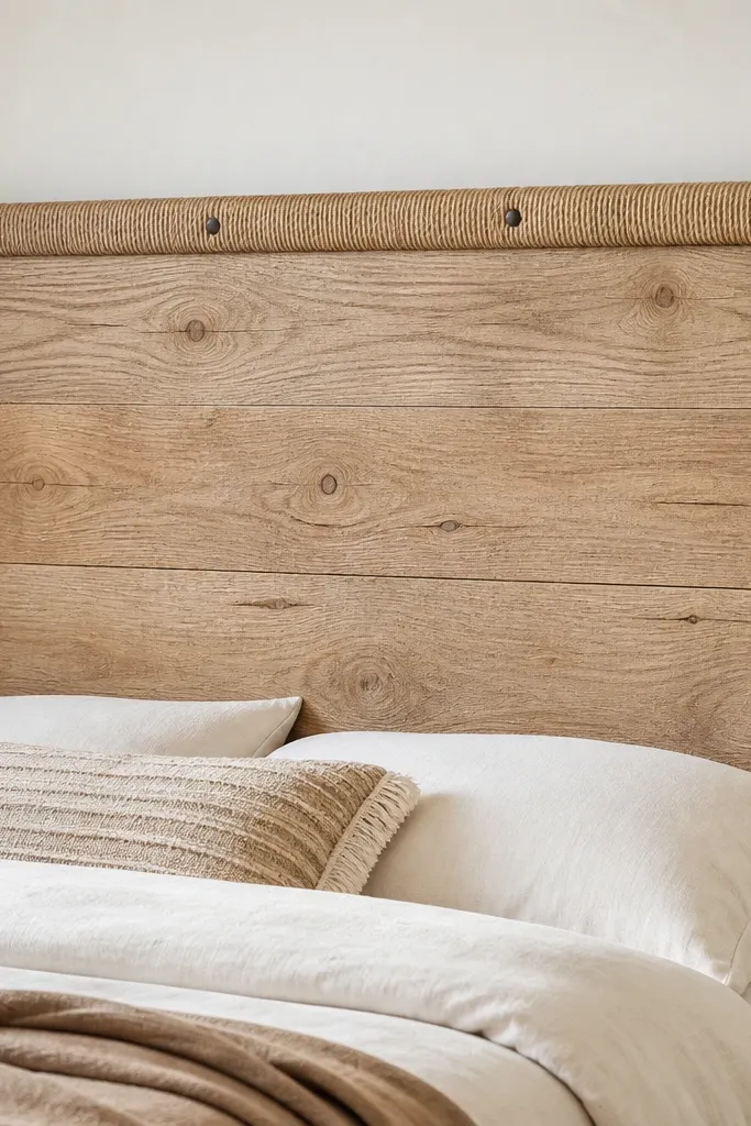 A rectangular wood headboard with a rustic wood center and rope wrapped around the outer frame edges. The rope is tan jute, tightly wound, with small dark fasteners. The wood face is light oak, matte.