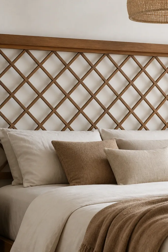 A boxed headboard frame with diagonal crosshatch stakes across the center. The wood stakes are thin and evenly spaced, forming an X pattern repeated in the grid. The finish is warm brown matte.