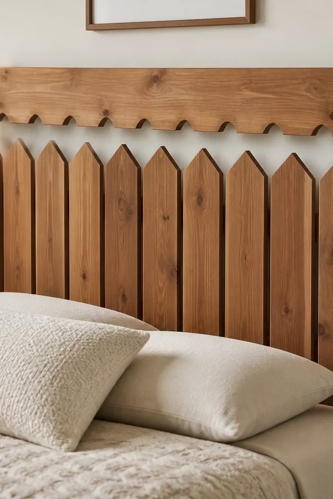 A picket-style headboard made from pointed-top cedar slats. Across the top sits a wider banner board with a subtle notch pattern. The finish is warm cedar with a matte clear coat.