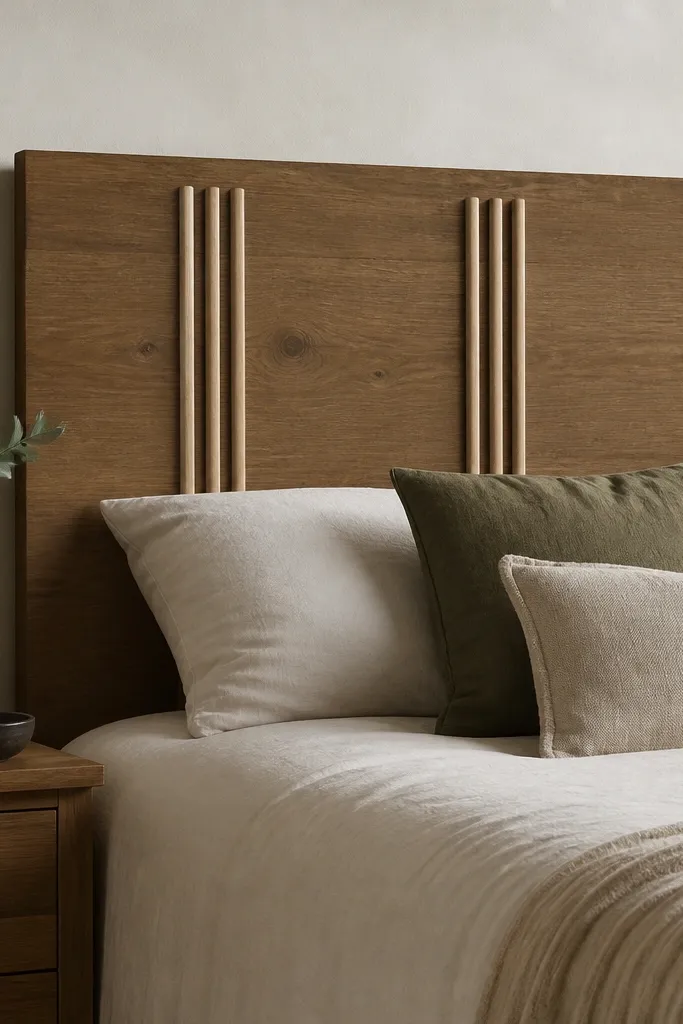 A plank headboard with vertical dowels glued onto the face in three columns. The dowels are lighter than the main stained wood, creating contrast. The finish is matte and the dowels cast small shadows.