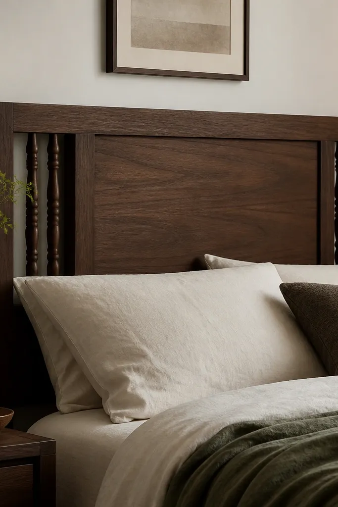 A headboard that has a simple rectangular wood frame with a center inset panel. Along the sides of the inset are turned wooden spindles. The wood is stained dark walnut with a matte finish.