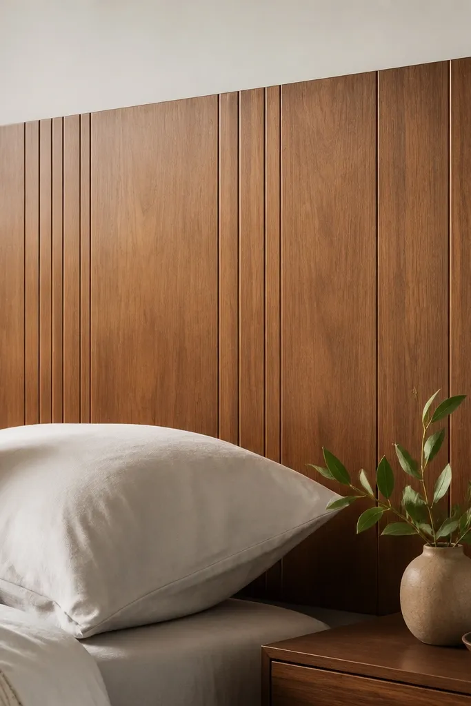 A flat wood headboard panel with several routed channel lines running vertically. The lines are shallow grooves that catch light. The wood is stained a warm medium tone and finished matte.