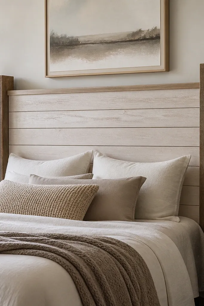 A headboard with two thick vertical beams on the left and right corners, and a simple center panel. The beams have a lightly distressed finish. The center is filled with horizontal slats in a lighter tone.