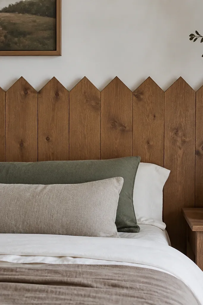 A headboard where the top edge has a sawtooth pattern made from small triangular cuts. The face is barn plank wood in medium brown with visible knots. The finish is matte and the sawtooth edge is crisp.