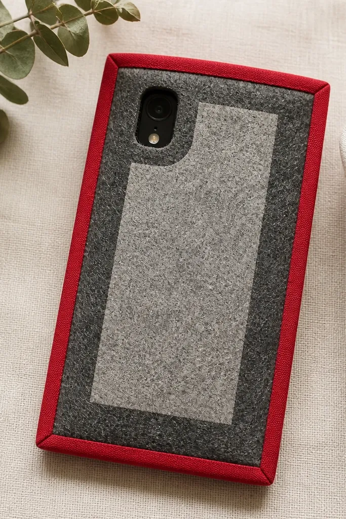 A phone cover made from a rectangular felt outer layer with a lighter felt window in the center. The edges are wrapped in bright red bias tape, and there is a small camera cutout. The picture shows clean, straight corners and the bias tape neatly turning at the corners.