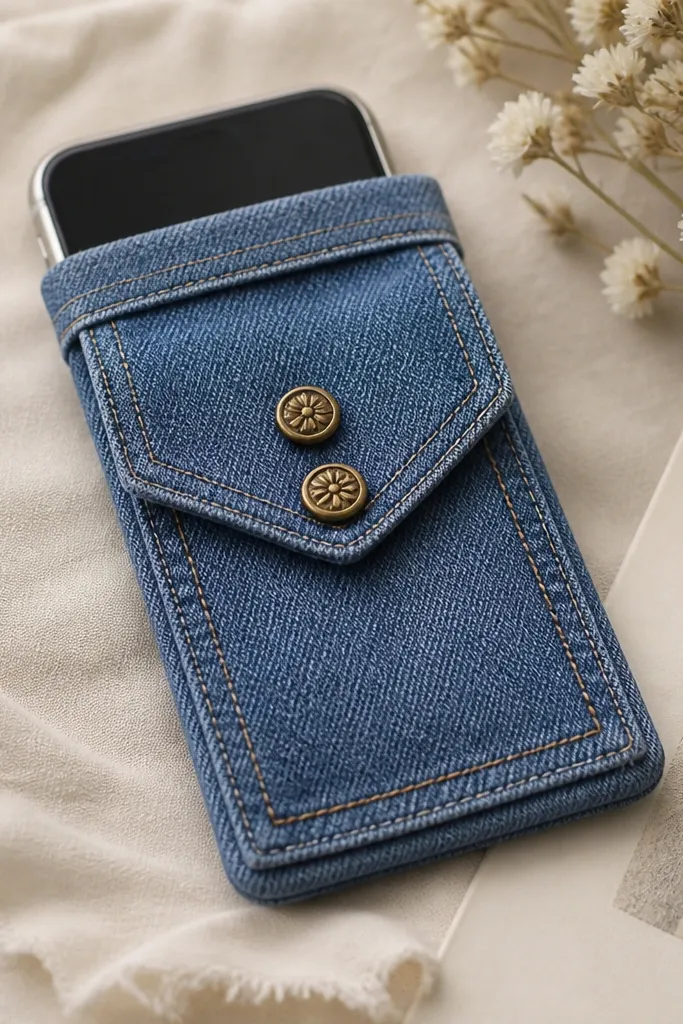 A small phone cover that looks like a tiny denim pocket. The top edge has a neatly folded seam, and the phone sits behind a stitched-looking border made with iron-on hem tape. There are two small decorative buttons on the flap.