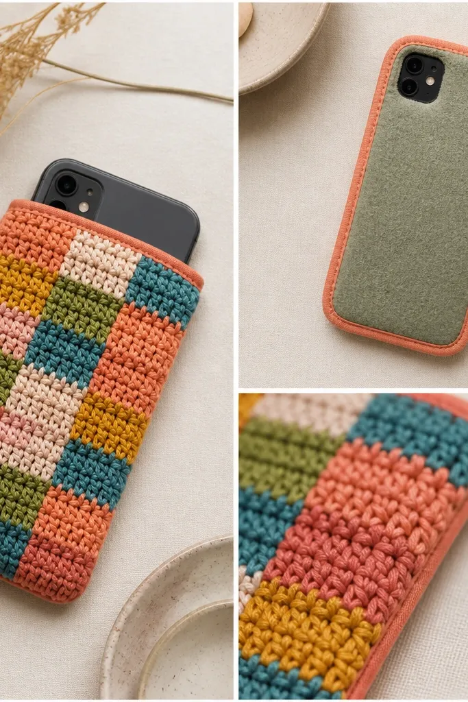 A phone sleeve with colorful crochet stripes in alternating squares. The back has a solid felt backing that makes it look structured. The edges are bound with a thin matching fabric strip, and the camera cutout is visible at one corner.