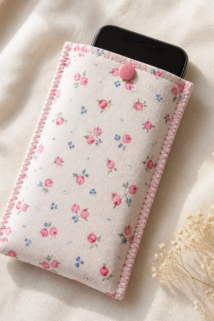 A phone cover made from folded T-shirt cotton fabric. The fabric wraps around the phone with a small magnetic snap near the top. The edges are stitched with a simple zigzag or glued down, and the fabric pattern is small and playful.