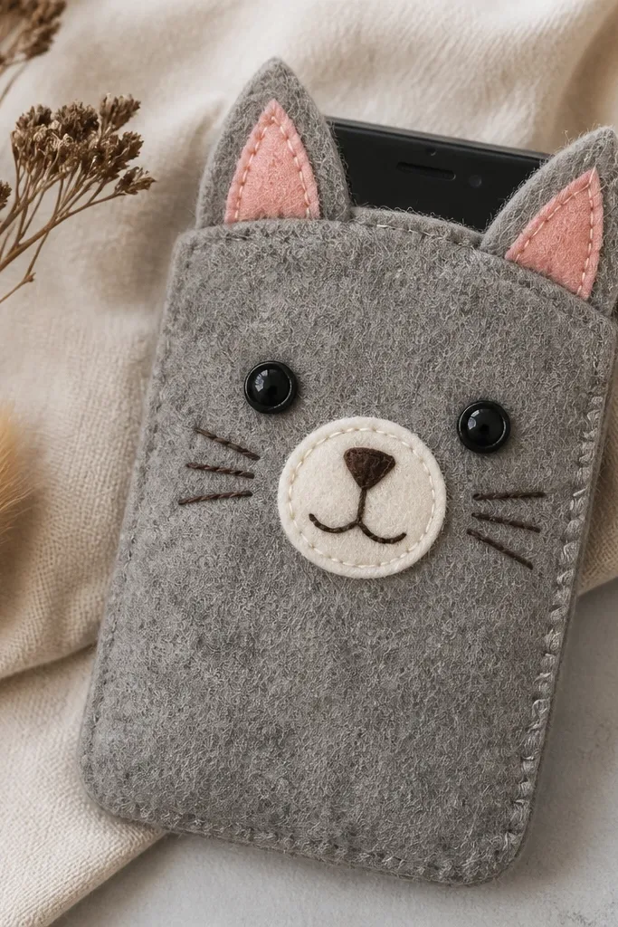 A cute felt phone cover shaped like an animal face. There are two felt ears that stick up with slight volume, stitched or glued in place. The eyes are made from small buttons or felt circles, and the mouth is a stitched curve.