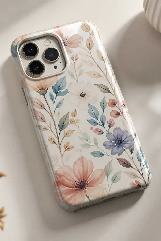 A phone cover with a clear plastic-like glossy front showing printed patterns. The edges are folded and sealed, and there's a matte backing layer. The camera area has a neat cutout with smooth edges.