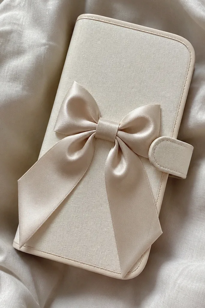 A minimalist phone cover with a big bow made from satin ribbon on one side. The cover has a small fabric tab that wraps over the phone edge to close it. The bow sits flat and the edges are finished with thin bias tape.