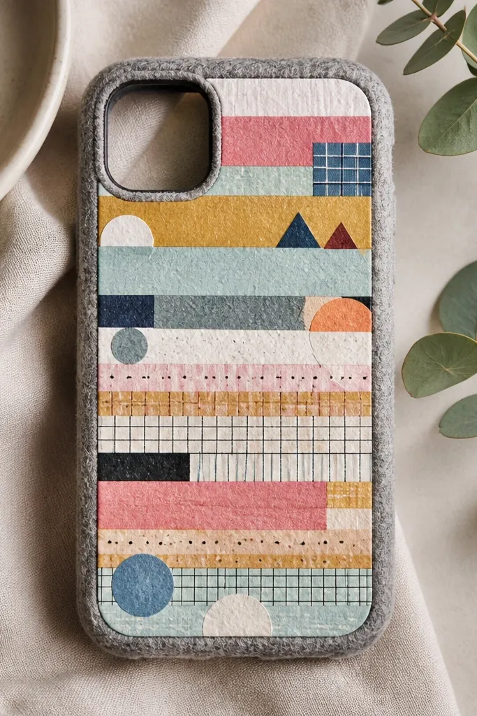 A phone cover with a felt border and a center decorated with layered washi tape stripes and small geometric pieces. The edges are clean and the camera cutout is visible. The tape layers have a slight texture but look organized.