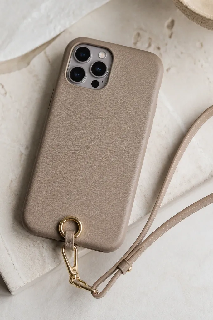 A slim phone cover made from faux leather with a small crossbody-style keychain loop. The edges look smooth, and the camera opening is precisely cut. There's a small metal ring and a strap attachment point.