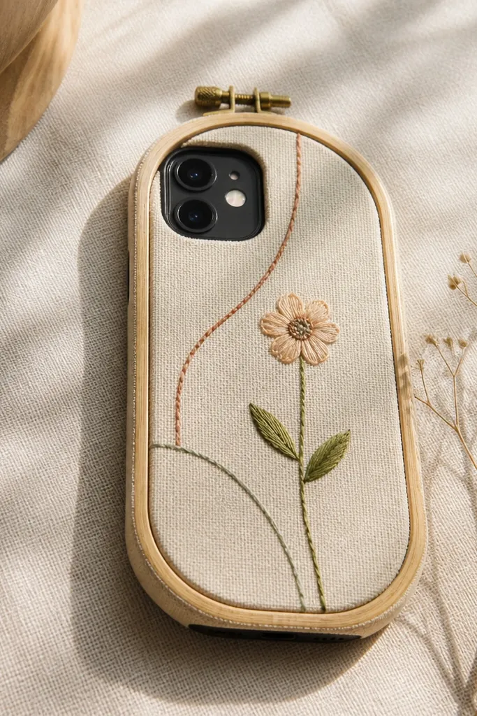 A phone cover made from fabric wrapped around a small embroidery hoop style frame look. There are visible stitched patterns like simple lines and a small flower. The cover has clean edges and a camera cutout.