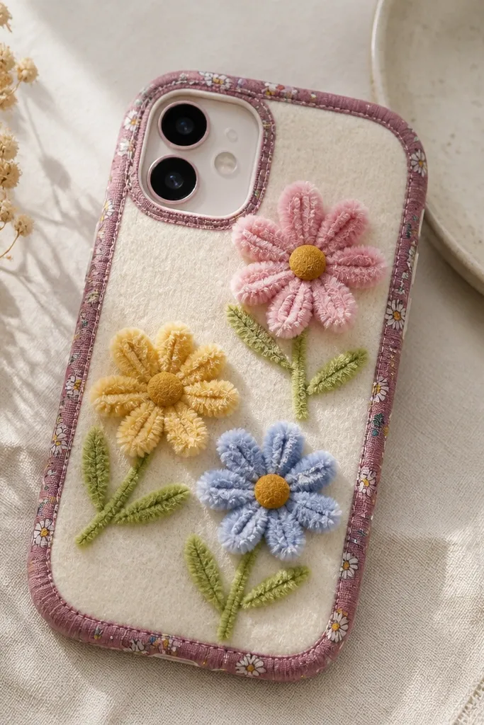 A soft felt phone cover with applique flowers made from chenille stems. The petals are fuzzy and slightly raised, and the center is a small felt circle. Edges are bound with a contrasting fabric strip.