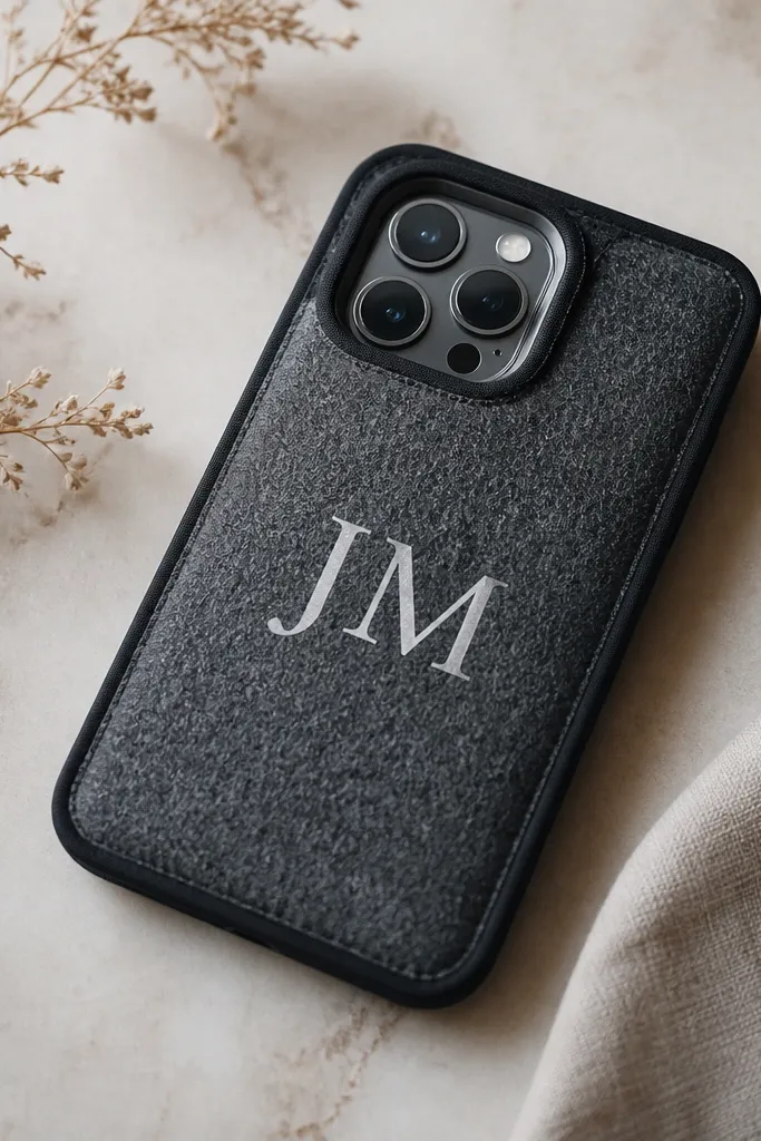 A simple felt phone sleeve with a clean name in vinyl letters. The letters sit on a solid felt rectangle, and the edges are bound with thin tape. The camera opening is neat and centered around the bump.