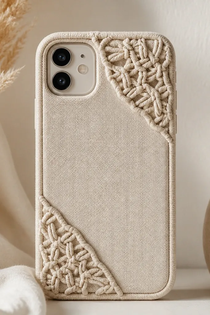 A phone cover with macramé knots concentrated in the corners. The center is smooth fabric, while the corners have braided cotton cord patterns. The camera cutout is visible and the edges are finished neatly.