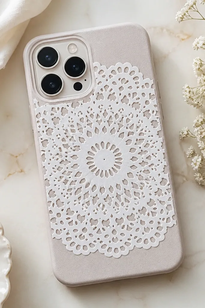 A delicate cover with a white paper doily pattern overlay. The doily is centered, and the edges are sealed with a thin border so it doesn't peel. The camera opening is cut cleanly through the doily.