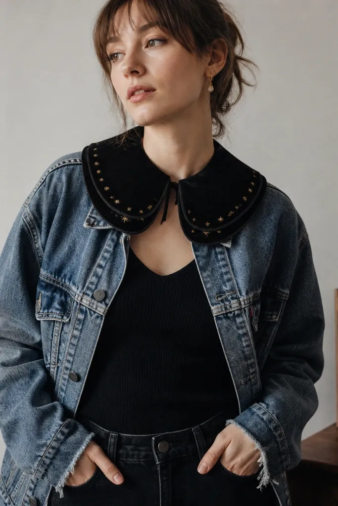 A blue denim jacket worn open with a DIY witch collar made from black velvet, layered into two rounded tabs that sit above the chest. Small stitched stars are visible on the collar edges, and the jacket sleeves show slight frayed cuffs.