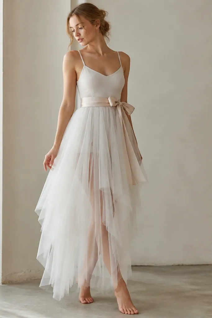 A sheer white tulle skirt layered over a light nude slip. A ribbon sash wraps the waist in soft satin with a bow at the side, and the skirt has uneven airy layers like petals.