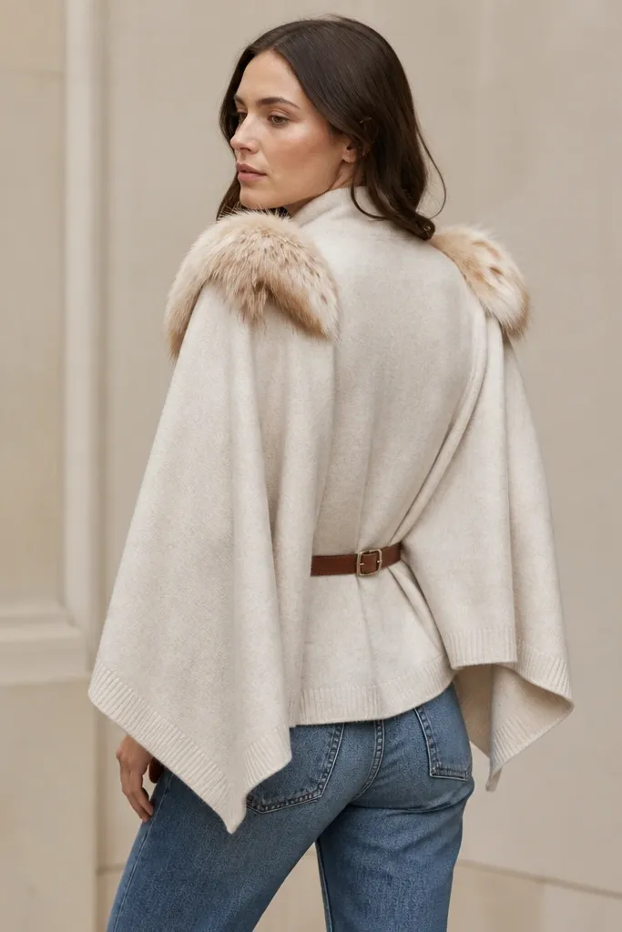 A light cardigan turned into a cape look: the back hangs like a short cape over jeans. Faux fur panels peek over both shoulders, and a belt cinches the waist with a small metal buckle.