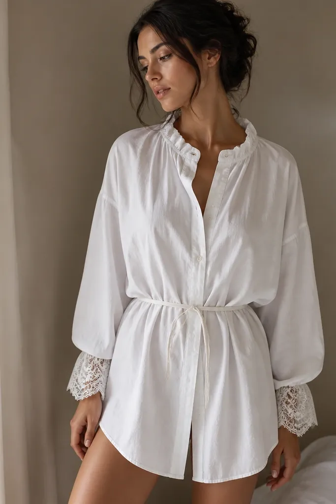 A white button-up shirt worn like a loose chemise with sleeves gathered into lace cuffs. The neckline has a simple gathered ruffle, and the shirt is tied with a thin belt to create a soft waist.
