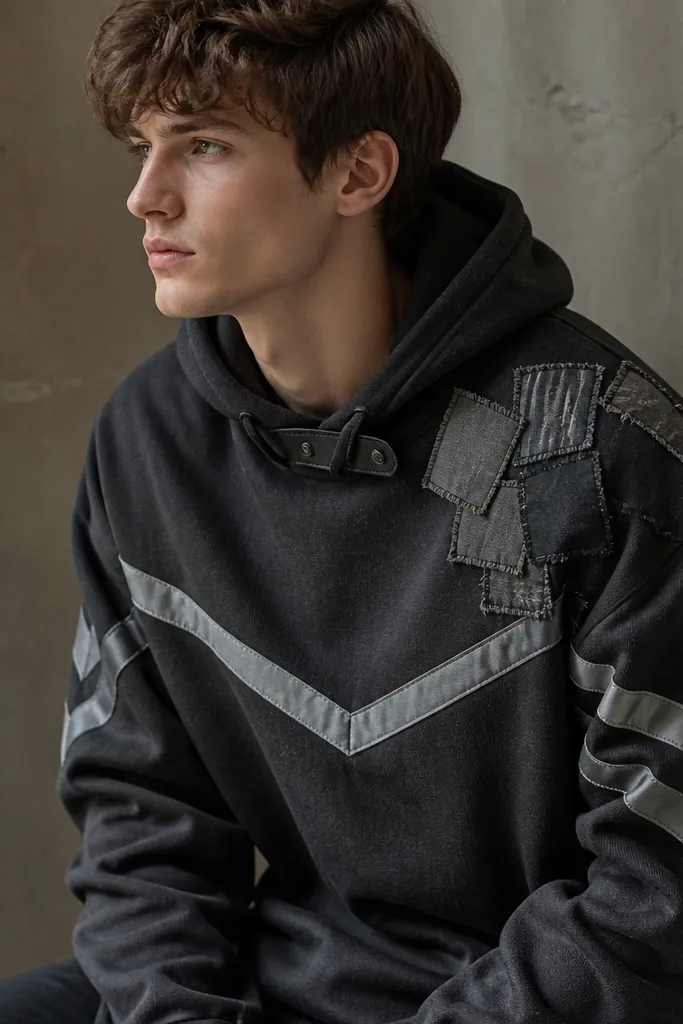 A dark charcoal hoodie with reflective silver tape chevrons on the sleeves and chest. A DIY patch panel made from fabric squares is stitched near the shoulder, and the hoodie has a short faux leather strap at the collar.