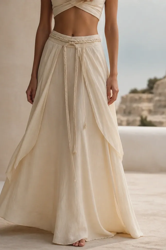 A flowing maxi skirt in warm cream with DIY draped panels at the waist. A braided rope belt wraps around the hips, and two thin fabric strips hang like ribbons down the front.