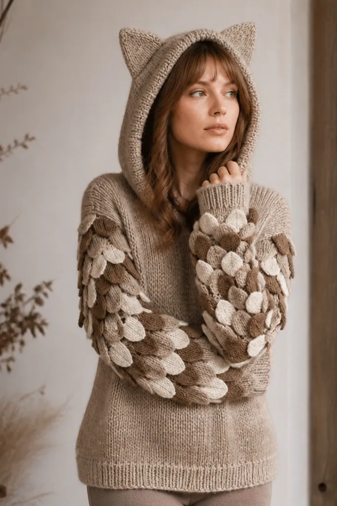 A knit sweater with DIY owl feather details. The sleeves are layered with small rounded fabric feather pieces in brown and cream, and the hood has two small ear points.