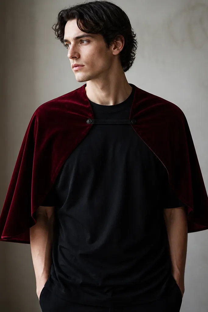 A black T-shirt with a short cape attached at the shoulders. The cape is deep red velvet, and it closes with small black fabric tabs and buttons near the collarbone.