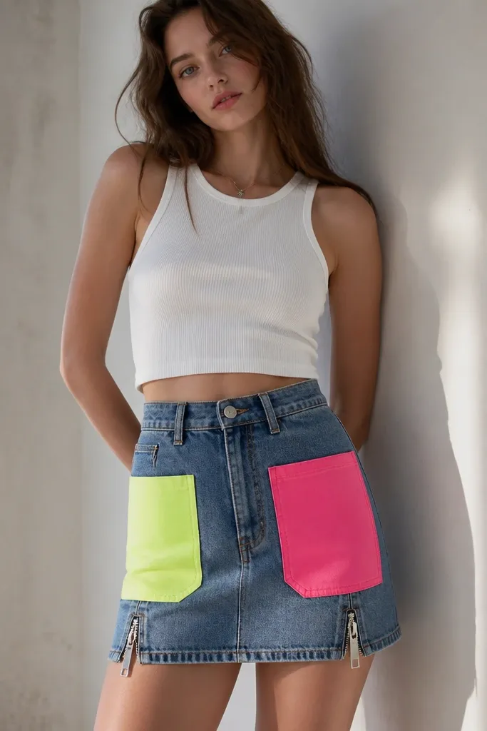 A denim skirt with two neon fabric pocket panels stitched on the front. The panels are bright lime and hot pink, and there are silver zipper pulls used as small accents near the hem.