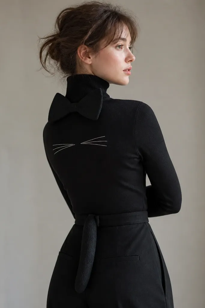 A black turtleneck with a black felt collar bow at the neck. A felt tail hangs from a belt at the back, and tiny whisker lines are drawn on the chest with white fabric marker.