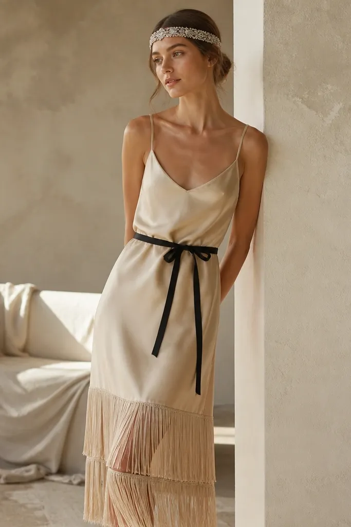 A champagne satin slip dress with DIY fringe bands at the hem. The fringe hangs in soft strands, and a beaded headband sits above the forehead. The slip has a black ribbon tie at the waist.