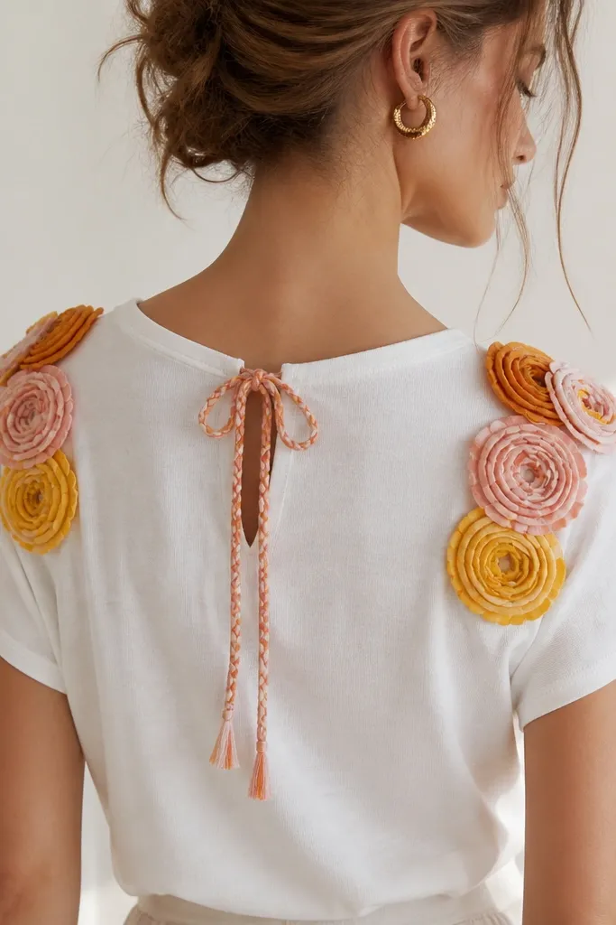 A white T-shirt with two rosette flower straps across the shoulders. The rosettes are layered fabric circles in pink, yellow, and orange, and the shirt has a small braided cord tied at the back neckline.