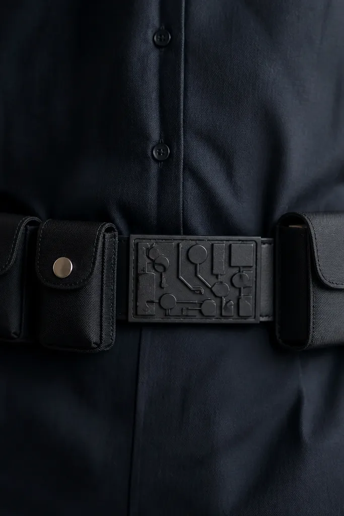 A black leather belt worn over a dark shirt with small DIY pouches and a central panel. The pouches are made from black fabric with silver snap closures, and there are foam circuit shapes on the belt center.