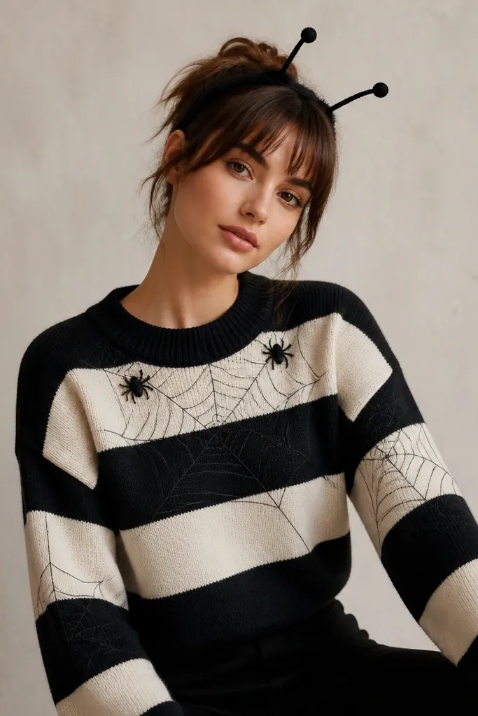 A striped black-and-cream sweater with thin web lines drawn across the chest and sleeves. There are small black felt spider shapes near the collar and a matching headband with tiny antenna points.