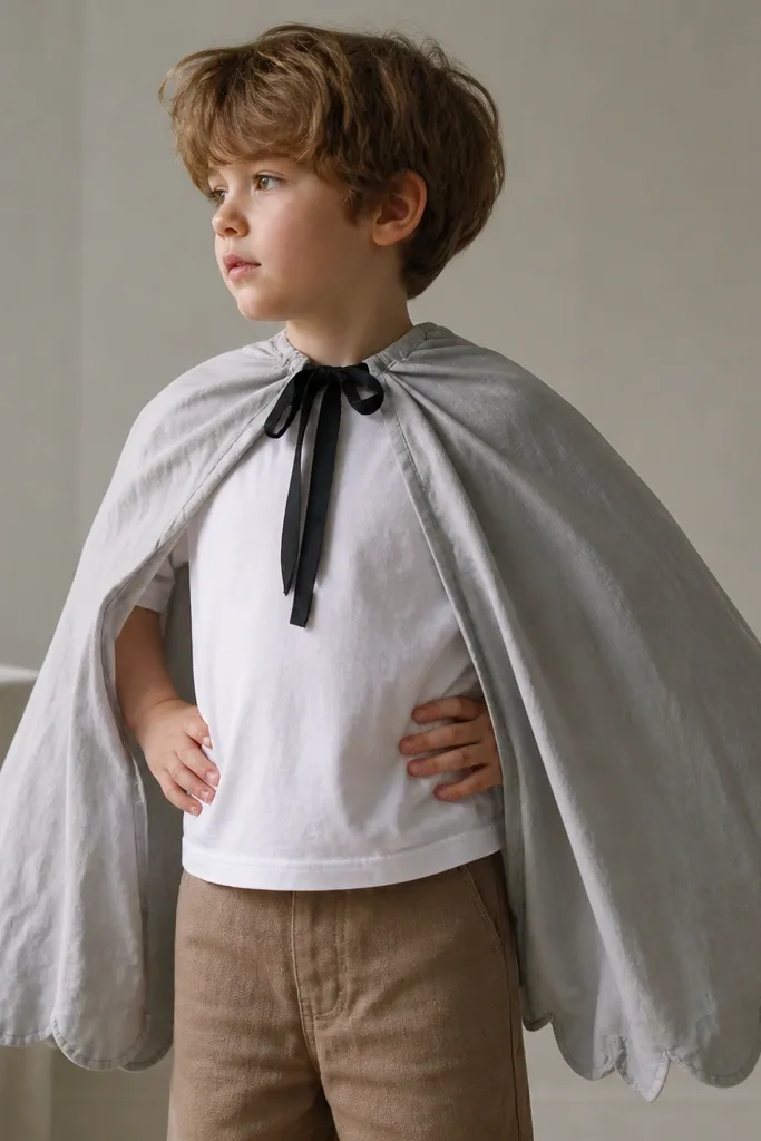 A light gray bed-sheet cape draped over shoulders with a simple neck tie made from a black T-shirt strip. The cape edge is cut in soft cloud bumps, and the fabric looks airy and slightly wrinkled.
