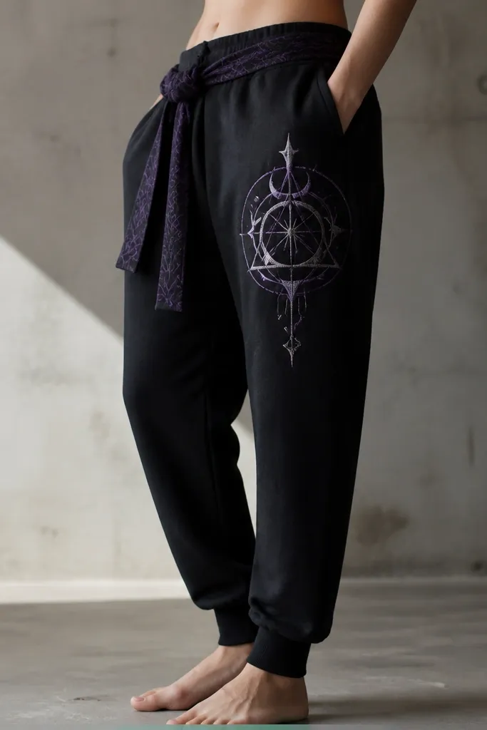 A pair of black joggers with a large embroidered sigil patch on one thigh. The patch is made from stitched lines in white and purple thread, and the joggers have a matching short sash tied at the waist.