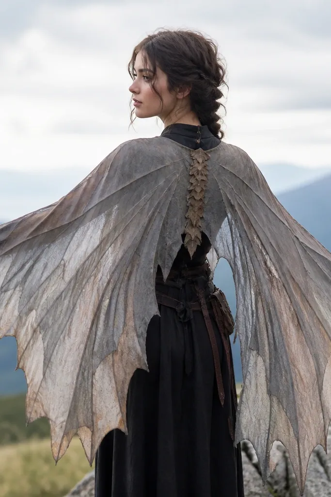 A light scarf cape shaped like dragon wings. Two wing panels are attached to the back with a foam strip spine, and the edges are feathered with layered fabric tabs.