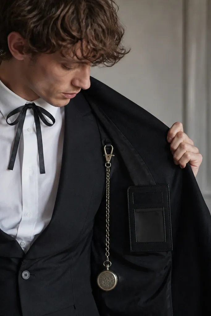 A black blazer with a DIY pocket watch chain hanging from the inside lapel. A small ID card holder is stitched inside the blazer pocket, and the shirt collar has a subtle satin bow.