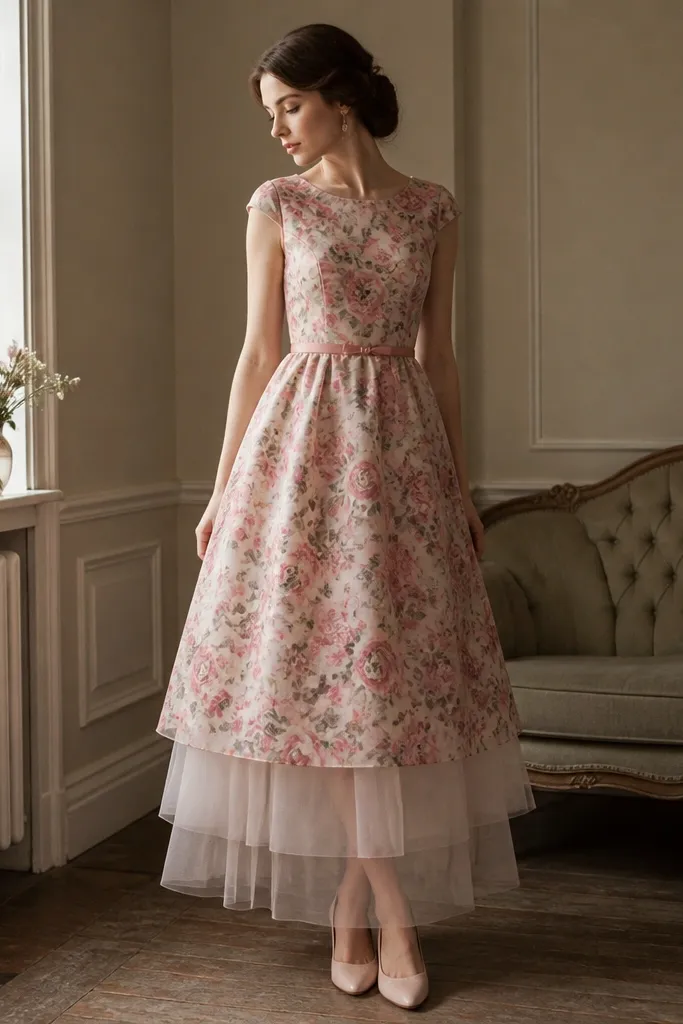 A vintage-style floral dress with a new layered tulle overlay at the hem. The tulle has three lengths, each slightly translucent, and a thin ribbon belt sits at the waist.